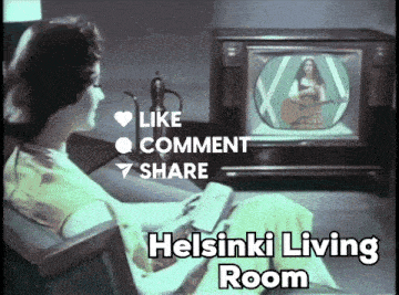 a woman is sitting in front of a television with the words helsinki living room written below her