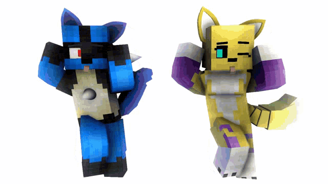 a blue and a yellow minecraft character are standing next to each other on a white background