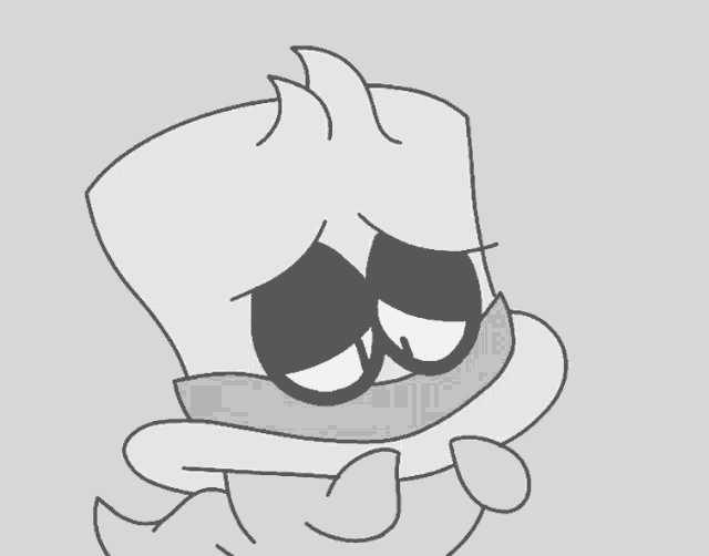 a black and white drawing of a cartoon character with sad eyes