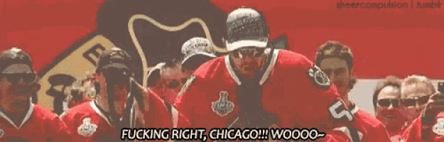 a man in a red jersey says " fucking right chicago !!! woooo "