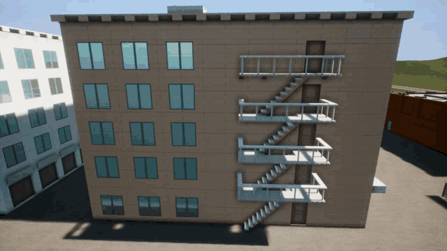 a cartoon rendering of a building with a fire escape