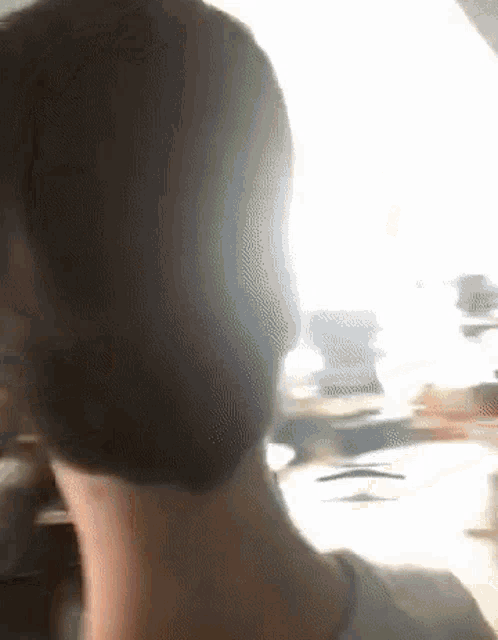 a person 's head is visible in a blurry photo with the sun shining through the window behind them .