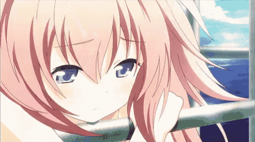 a girl with pink hair and blue eyes looks out over the water