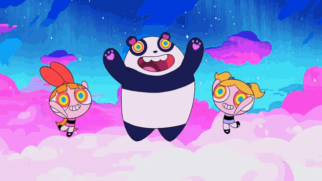 a panda bear is surrounded by two cartoon girls