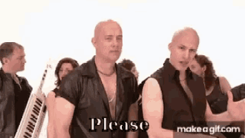 a group of people are standing in front of a white background and the words please are on the bottom