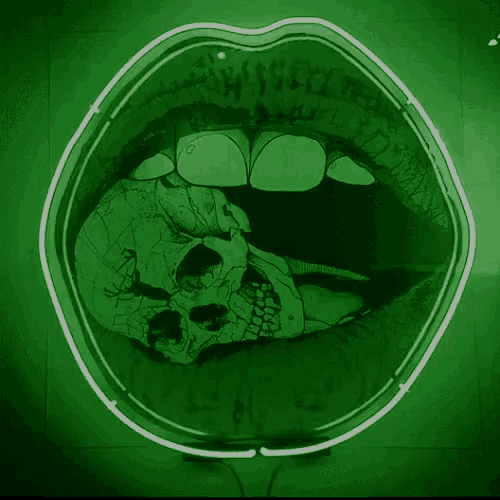 a drawing of a woman 's mouth with a skull in it and a green background