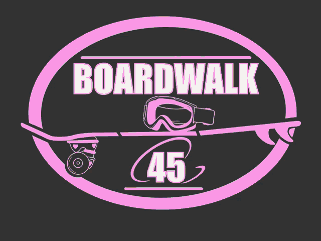 a logo for boardwalk 45 with a skateboard goggles and surfboard