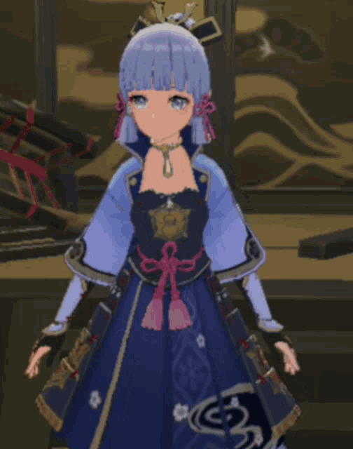 a girl with blue hair is wearing a blue and gold dress