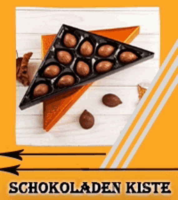 an advertisement for schokoladen kiste shows a triangle shaped container filled with chocolate eggs