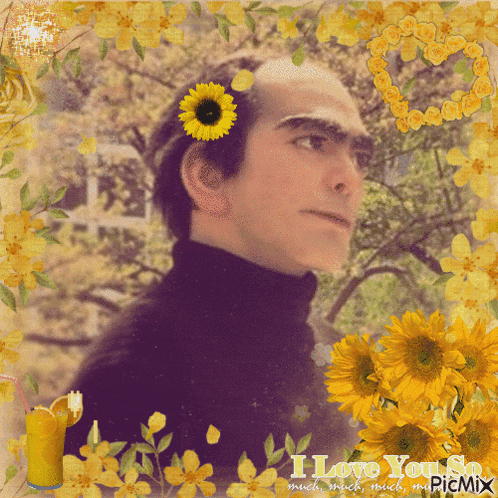 a picture of a man with a sunflower in his hair says i love you so much much much much my picmix