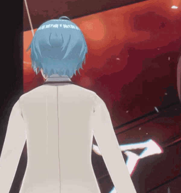 a cartoon character with blue hair is standing in front of a red background .