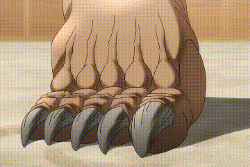 a close up of a cartoon bear 's paw with sharp claws .