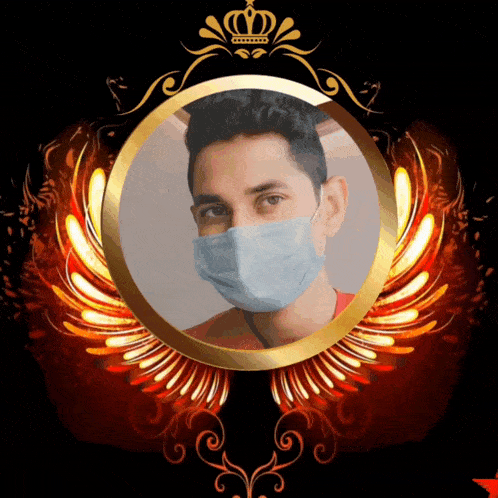 a man wearing a face mask is surrounded by wings and a crown