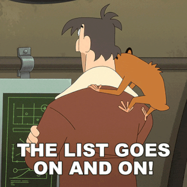 a cartoon of a man carrying a monkey on his shoulders with the words the list goes on and on