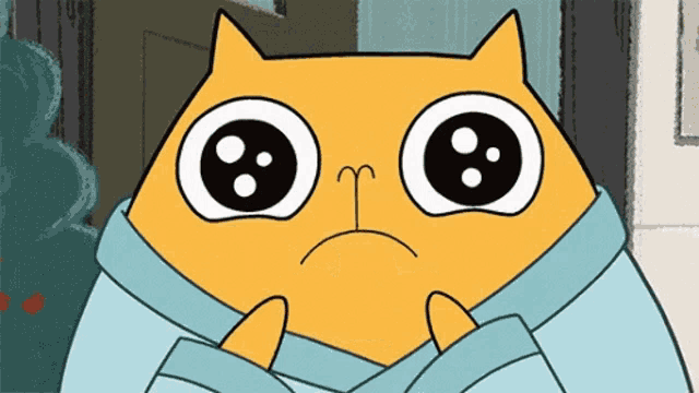 a cartoon cat is wrapped in a blue blanket and has a sad look on his face .