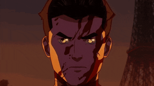a close up of a cartoon character 's face with blood on it