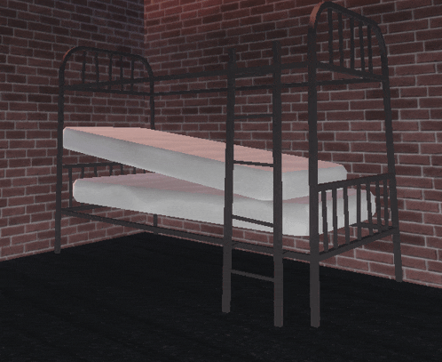a bunk bed with two mattresses on top of it