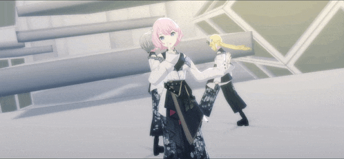 a girl with pink hair is wearing a white jacket and black top