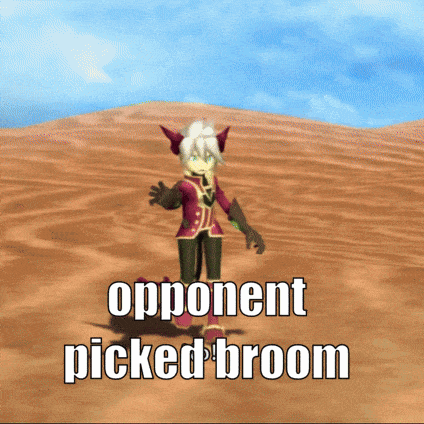 a video game character says opponent picked broom on the screen