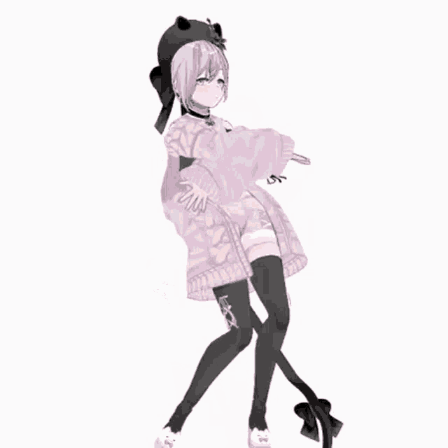 a 3d model of a girl wearing a pink jacket and a black hat .
