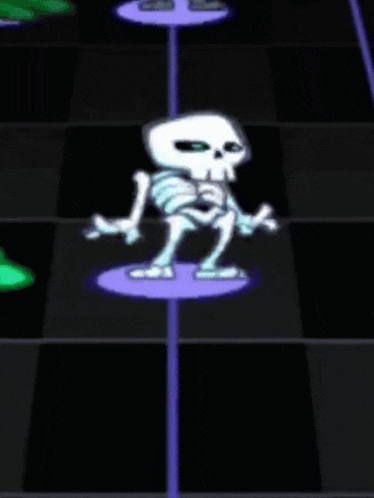 a cartoon skeleton is standing on a purple platform