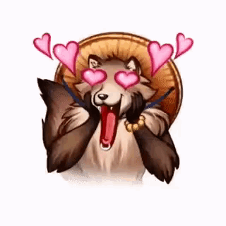 a wolf with hearts in his eyes is wearing a hat and a necklace .