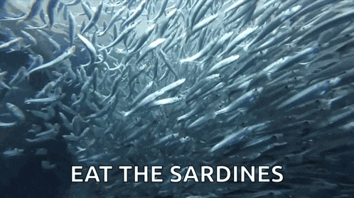 a bunch of sardines are swimming in the water with the words " eat the sardines "