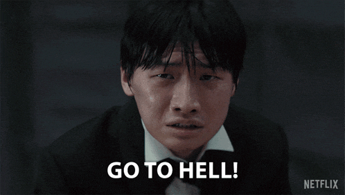 a man in a tuxedo says " go to hell "