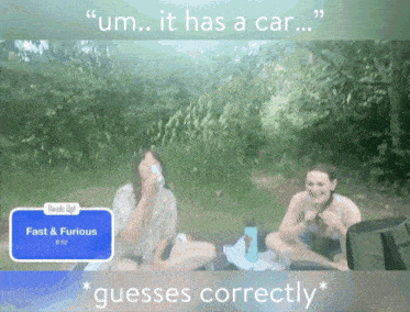 a video of two women sitting on a blanket with the words um it has a car