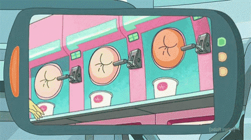 a cell phone screen shows a cartoon of a machine that makes ice cream