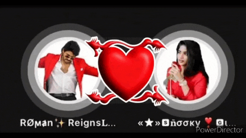 a man in a red jacket and a woman in a red dress are surrounded by a heart