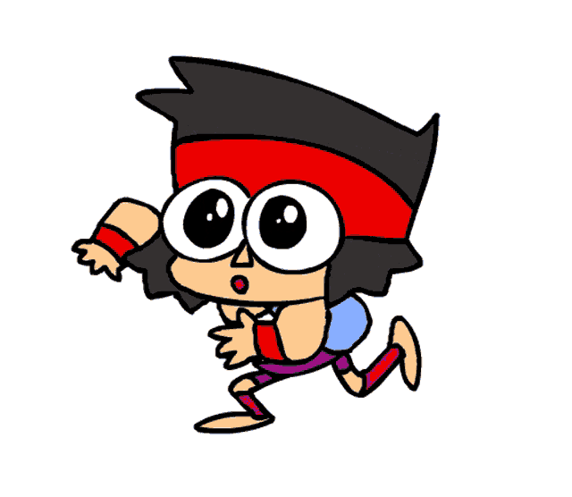 a cartoon character with a red headband and glasses is running