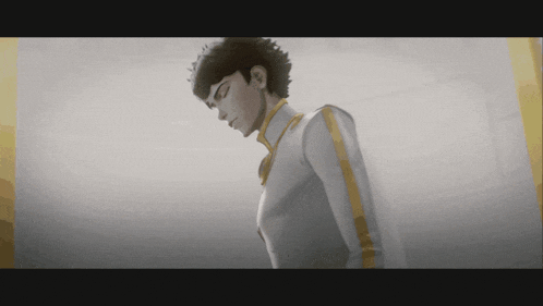 a man in a white and gold outfit looks down at something