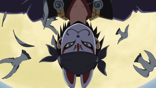 a cartoon character with a mask on his face is hanging upside down
