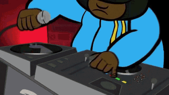 a cartoon drawing of a man playing music on a turntable