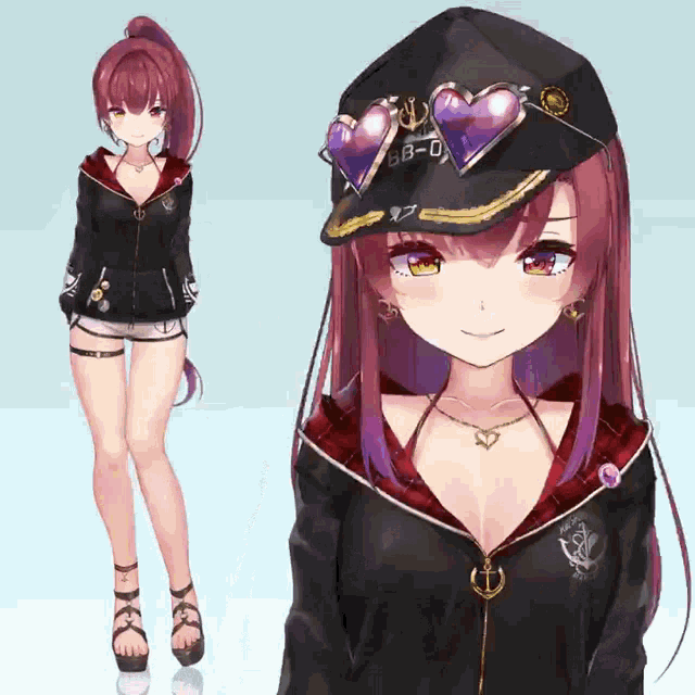 a girl with red hair wearing a hat that says bb-0 on it