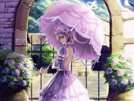 a girl in a purple dress holding an umbrella