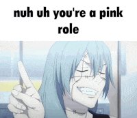 a girl with blue hair is making a peace sign with her finger .