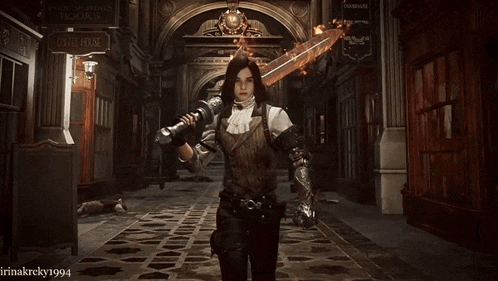 a man is holding a large sword in front of a sign that says the scissors books