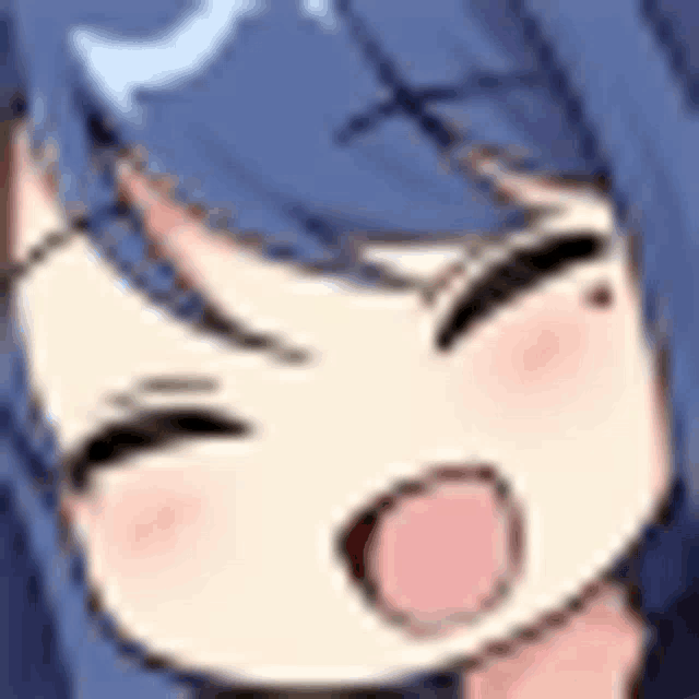 a close up of a cartoon girl 's face with blue hair and a crescent moon on her head .