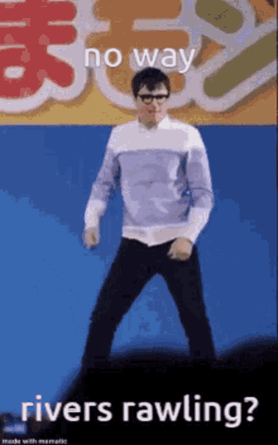 a man in a purple shirt is dancing in front of a sign that says `` no way rivers rawling '' .