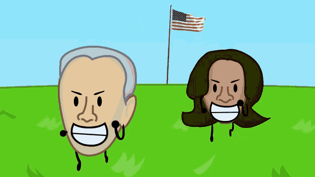 a man and a woman are standing in a field with an american flag behind them