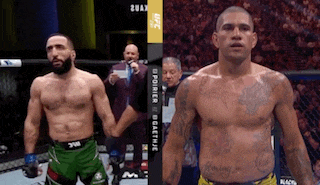 two men are standing next to each other in a boxing ring and one of them has a tattoo on his chest .