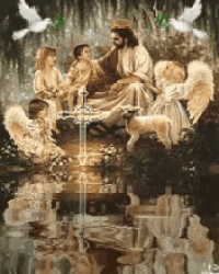 a painting of jesus surrounded by children and angels with a reflection in the water
