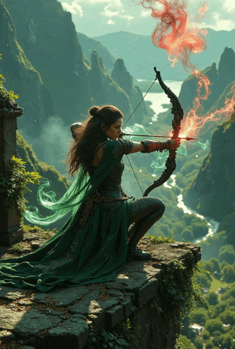 a woman in a green dress is holding a bow and arrow in front of a river