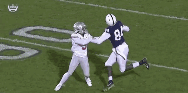 a football player with the number 84 on his jersey catches a pass