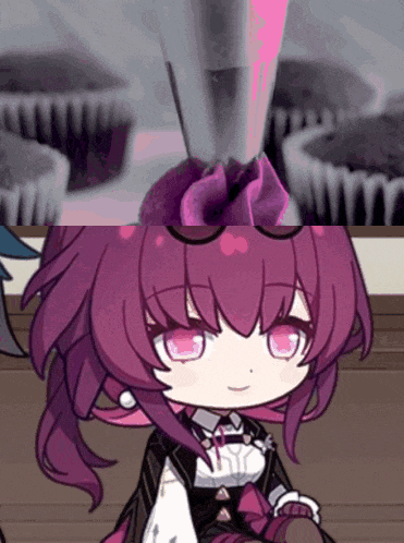 a cartoon girl with purple hair and pink eyes