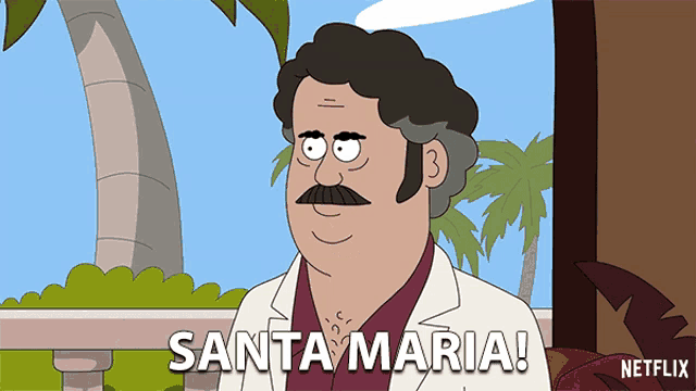a cartoon of a man with a mustache and the words santa maria