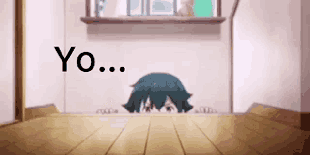 a person is peeking out from behind a wooden floor in a room with the word yo written on it .