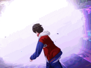 a man in a red , white and blue jacket is standing in front of a large purple light .
